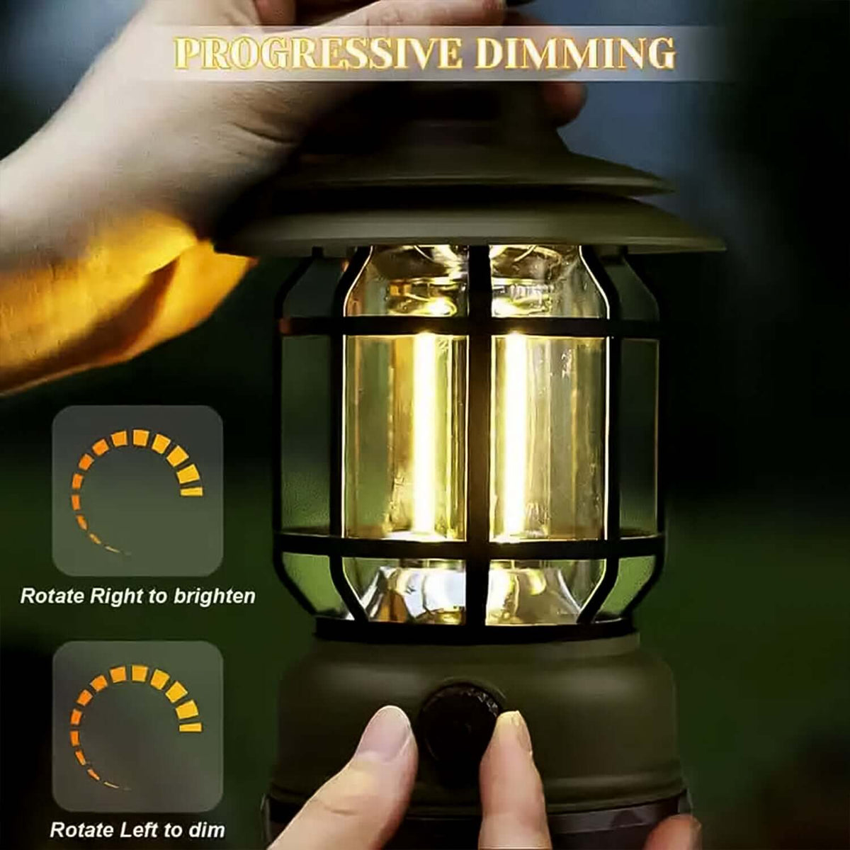 Retro LED camping lantern with Type-C rechargeable feature and smooth progressive dimming control.