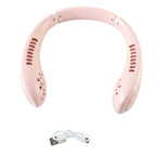 USB Rechargeable Bladeless Neck Fan in pink color with USB charging cable.