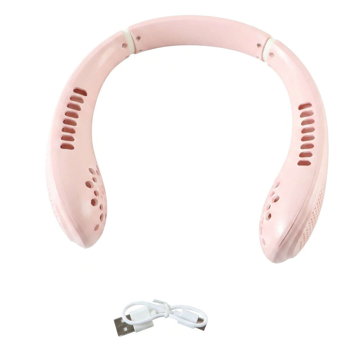 USB Rechargeable Bladeless Neck Fan in pink color with USB charging cable.