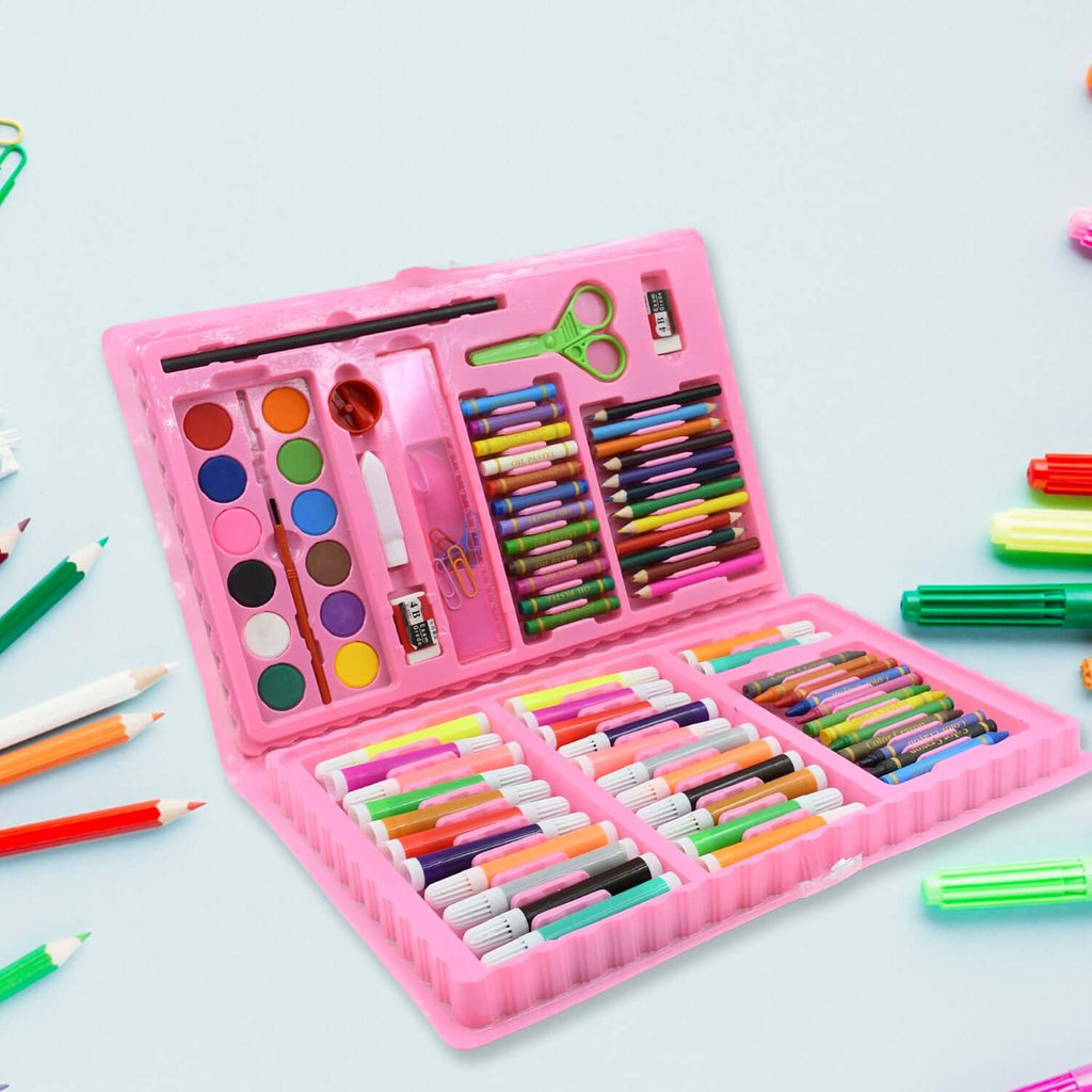 86-Piece kids art set with easel opened, showcasing oil pastels, crayons, markers, and more in a pink case.