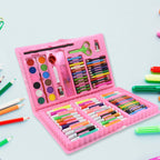 86-Piece kids art set with easel opened, showcasing oil pastels, crayons, markers, and more in a pink case.