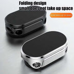 360 degree rotating magnetic car phone holder in black and silver, showcasing foldable design for easy portability.