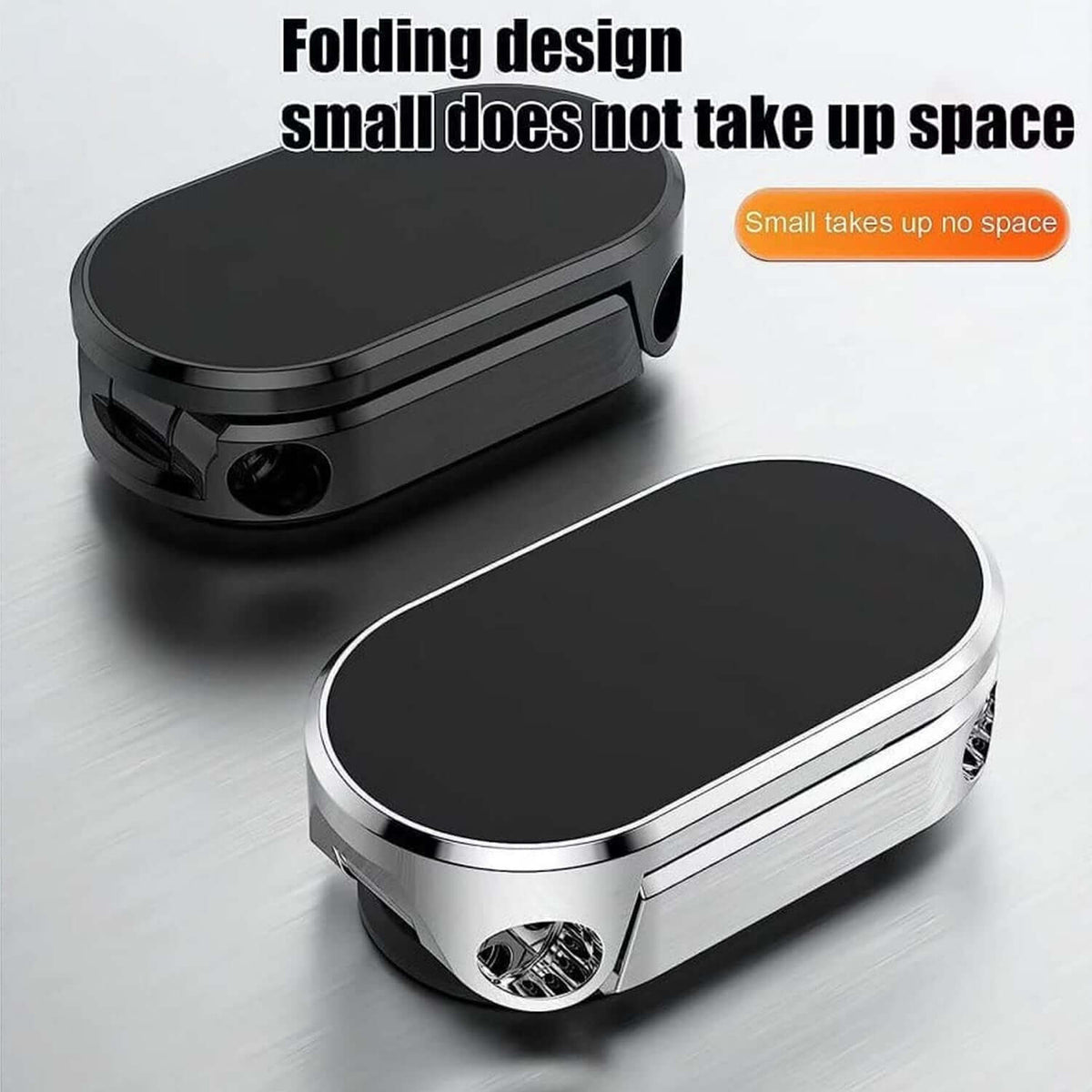 360 degree rotating magnetic car phone holder in black and silver, showcasing foldable design for easy portability.