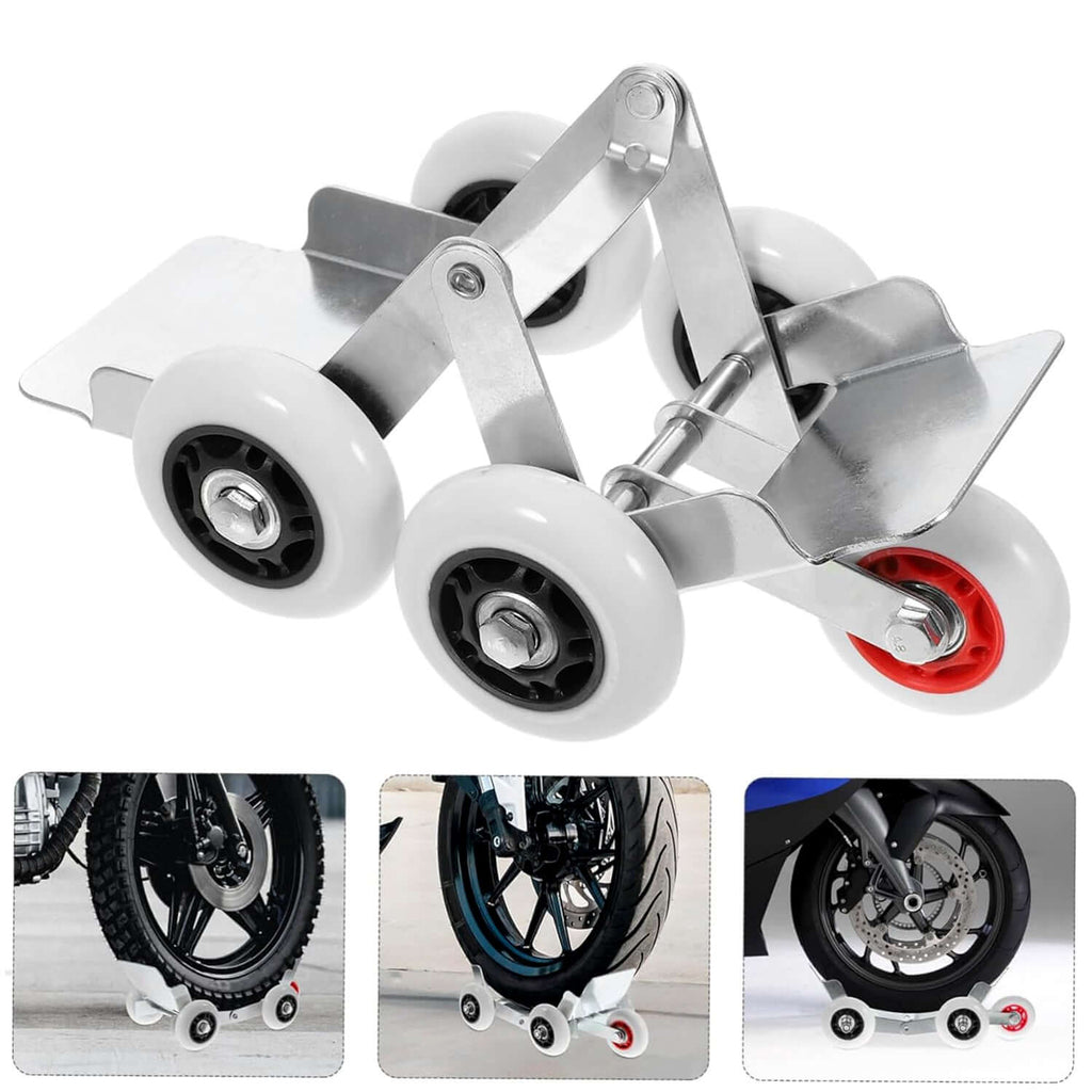Heavy-Duty Motorcycle Front Wheel Parking Stand with nylon rollers for smooth movement and easy parking.