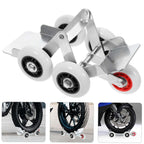 Heavy-Duty Motorcycle Front Wheel Parking Stand with nylon rollers for smooth movement and easy parking.