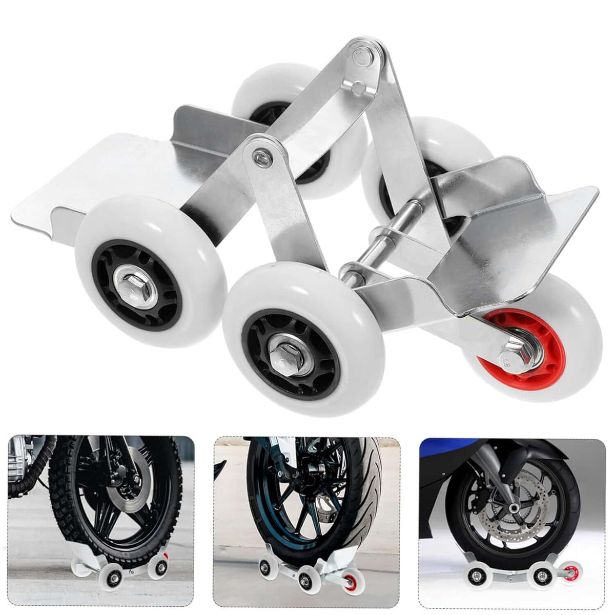 Heavy-Duty Motorcycle Front Wheel Parking Stand with nylon rollers for smooth movement and easy parking.
