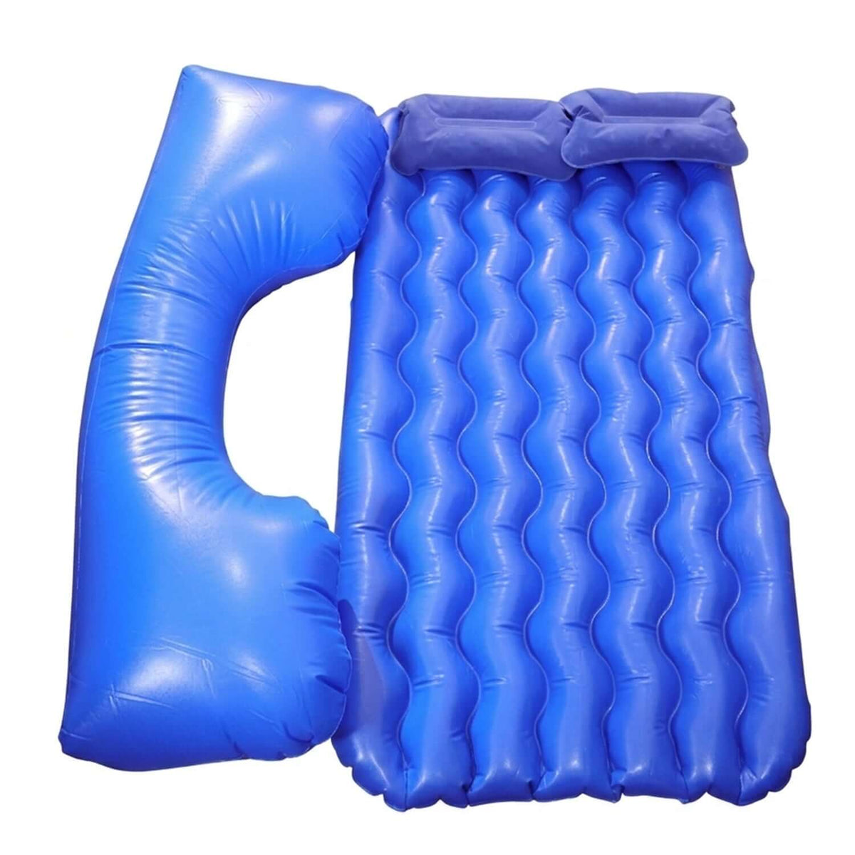 Car air mattress bed set with inflatable headrest and pillows for comfortable travel sleeping.