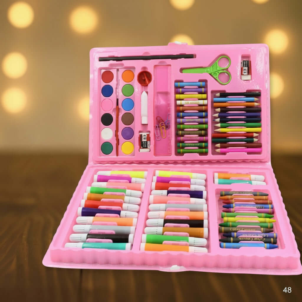 86-piece kids art set with easel including markers, crayons, and watercolors in a pink case.