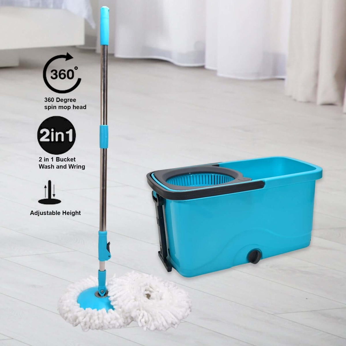 hands-free spin mop with wheeled bucket and adjustable height for easy cleaning