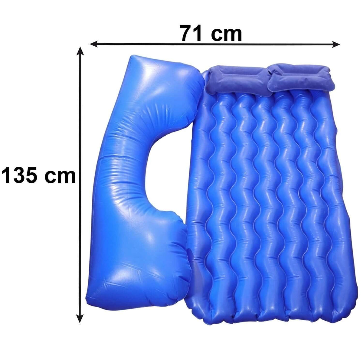 Car Air Mattress Bed Set with Inflatable Headrest dimensions 135 cm x 71 cm, perfect for comfortable backseat travel.