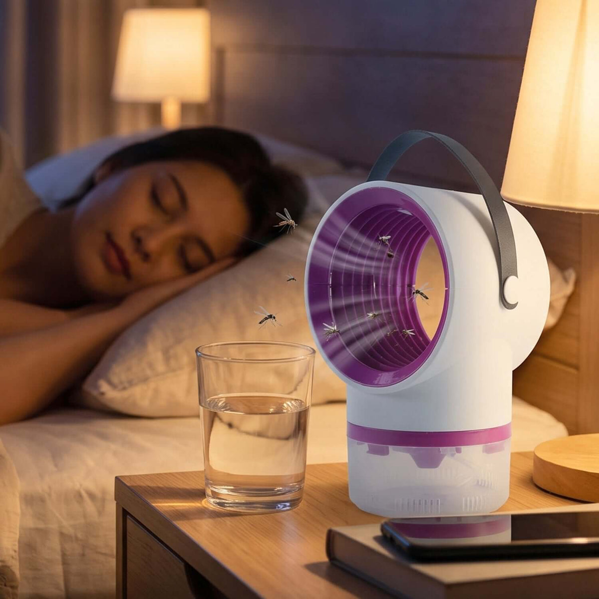USB mosquito killer lamp on bedside table, attracting mosquitoes with UV light while a person sleeps peacefully.