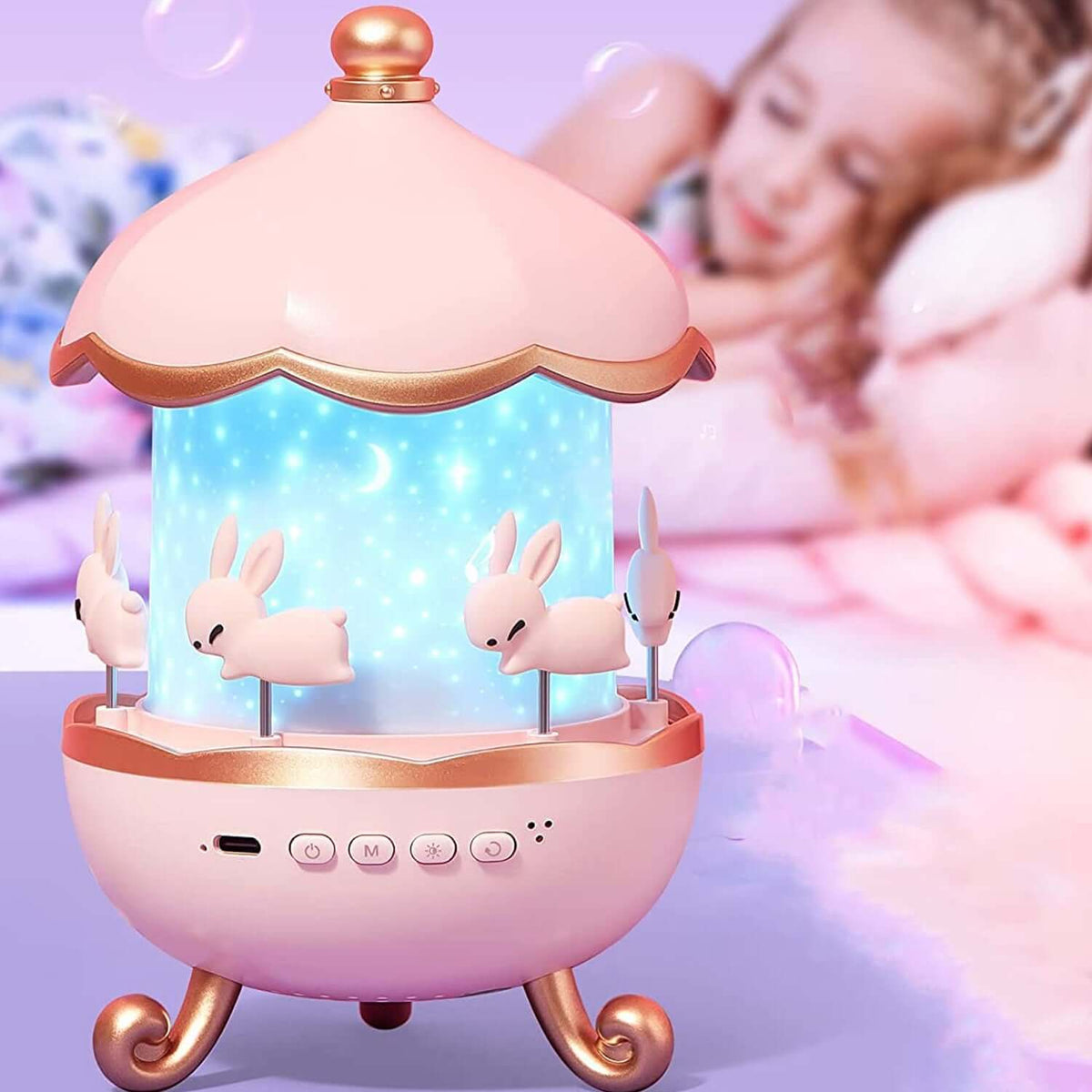Bunny Carousel Rotating LED Night Light with Music projecting stars, perfect bunny night light with music for children.