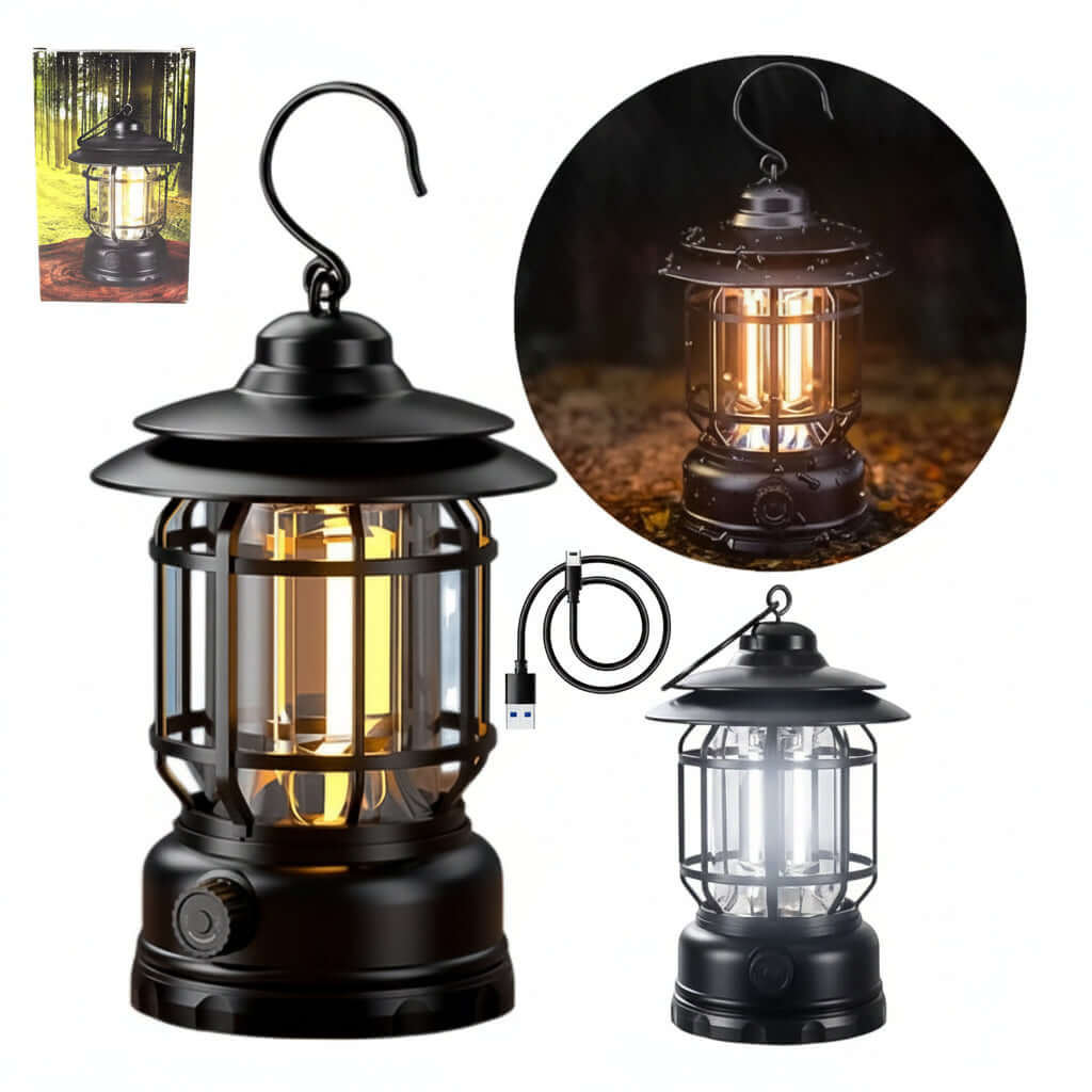Retro LED camping lantern, Type-C rechargeable, smooth dimming, 360° light, perfect for outdoor adventures.