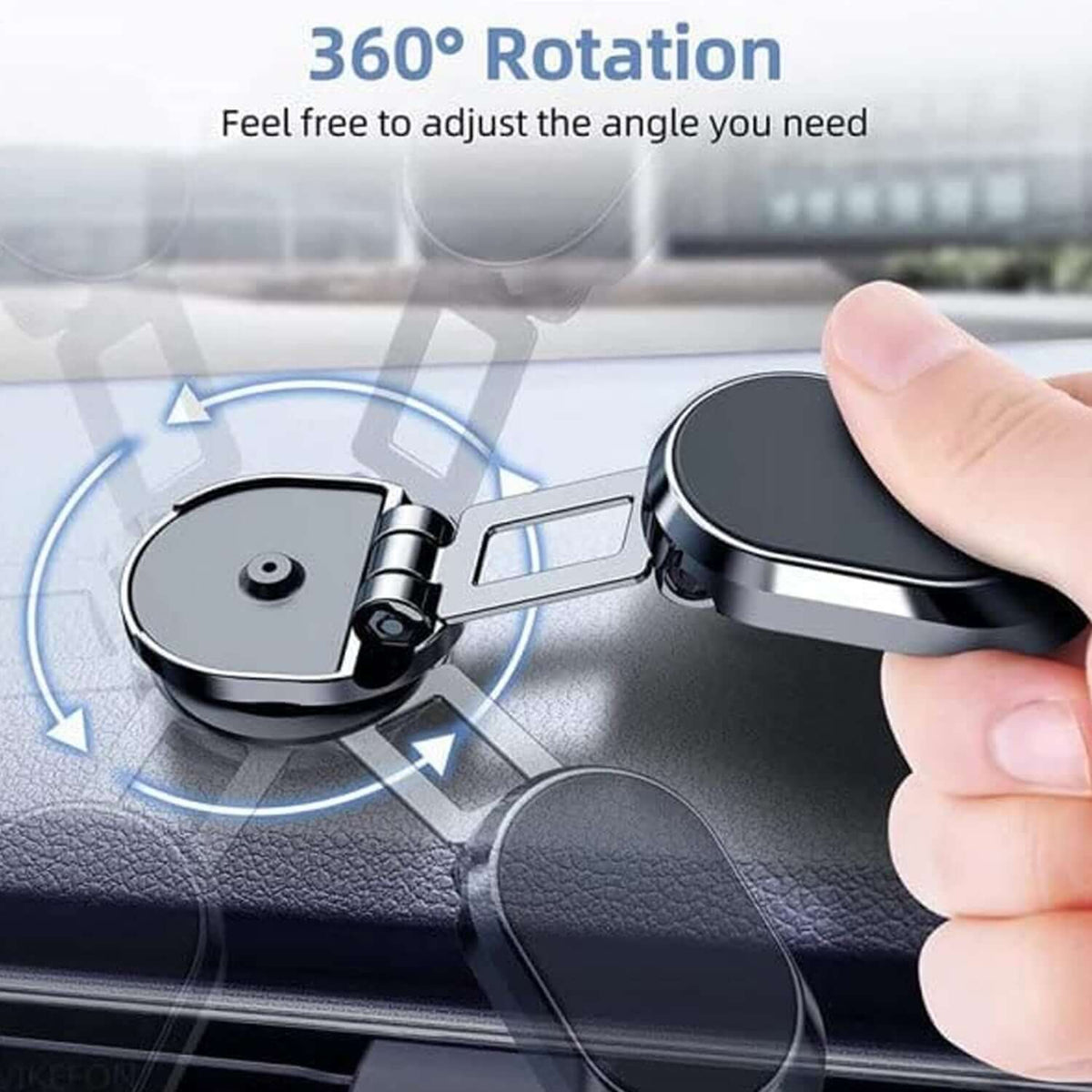 360° Rotating Magnetic Car Phone Holder showing adjustable angle and strong suction base.