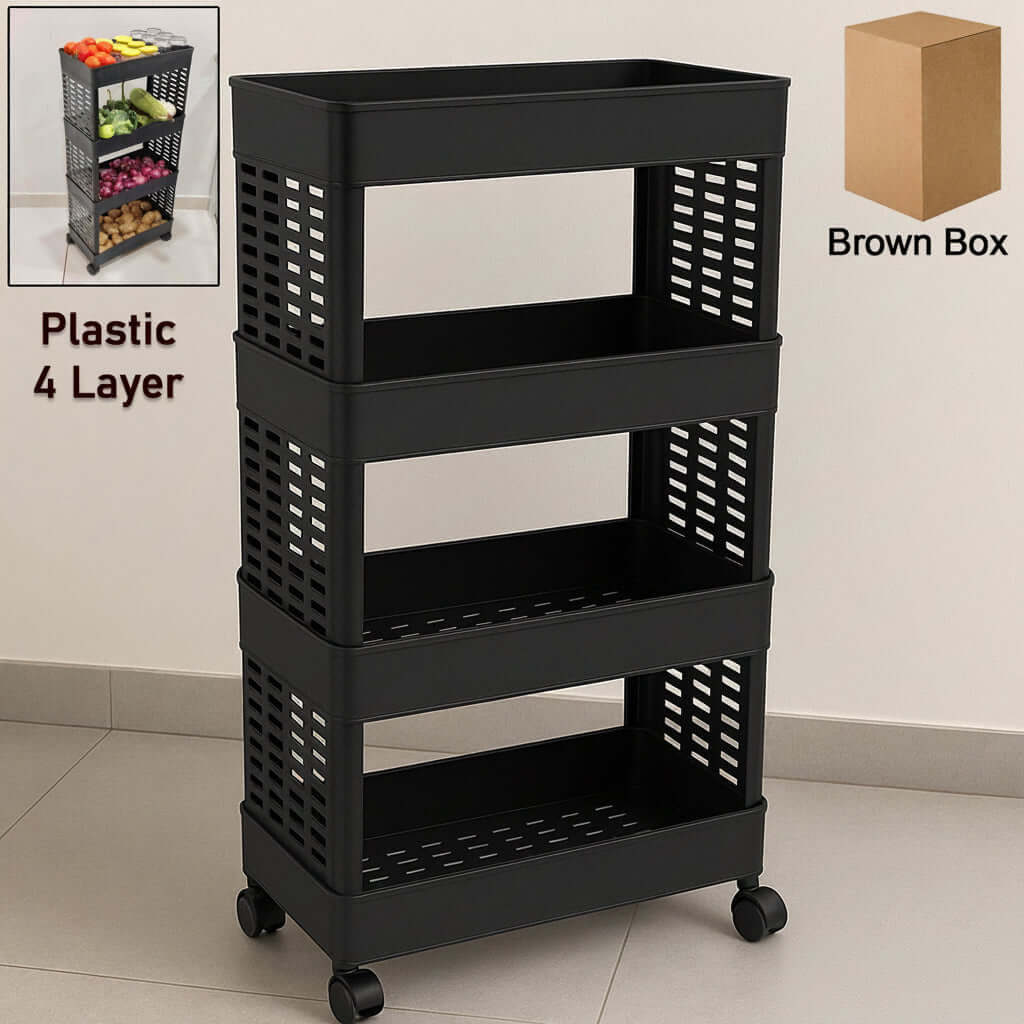 4-layer plastic storage trolley featuring four stackable baskets on wheels with a sleek black design, ideal for organization.