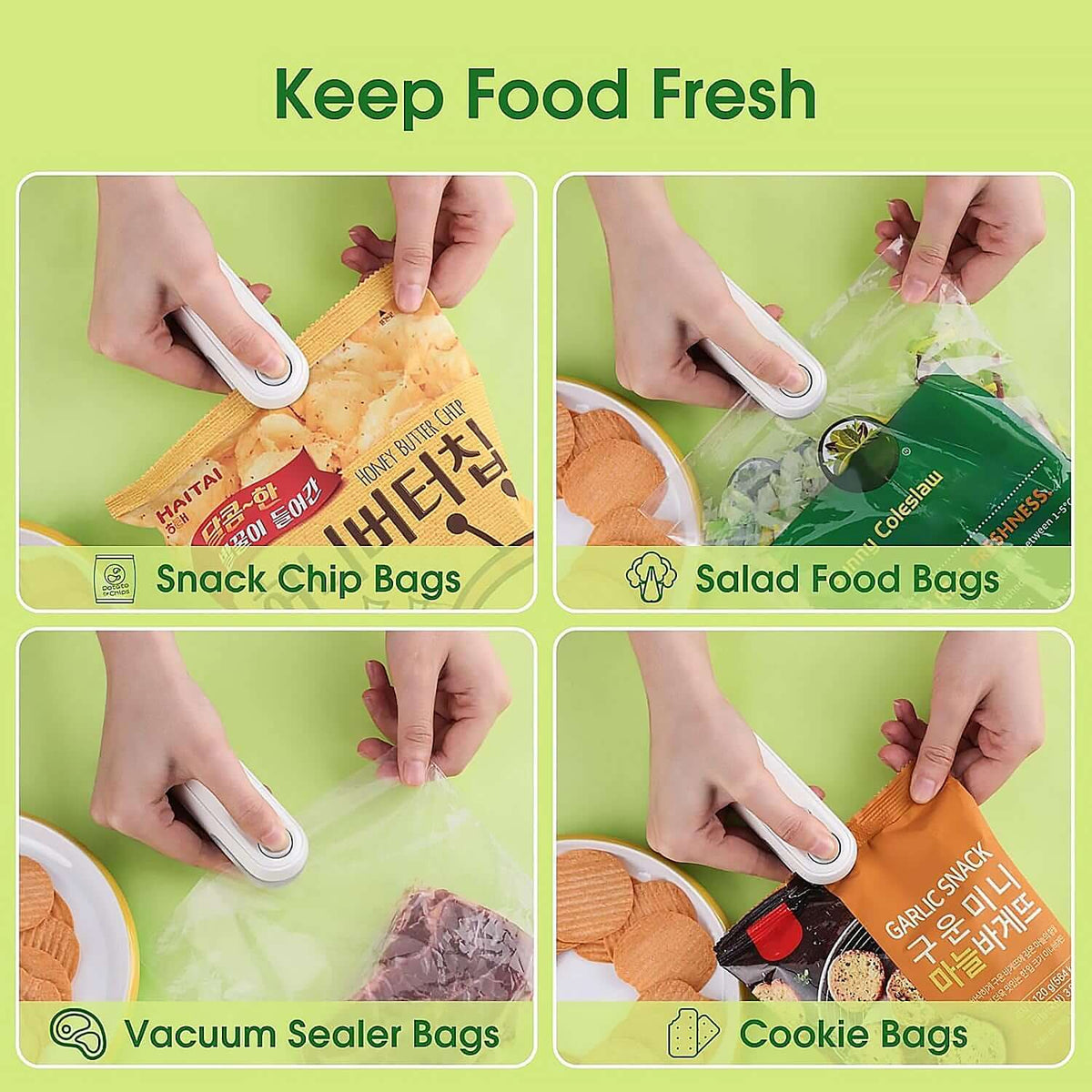 Mini bag sealer and cutter used for sealing various food bags like chips, salad, and vacuum sealer bags.