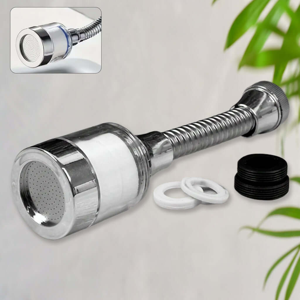 Water-saving faucet extender showing a flexible tap attachment, ideal for easy rinsing and cleaning tasks.