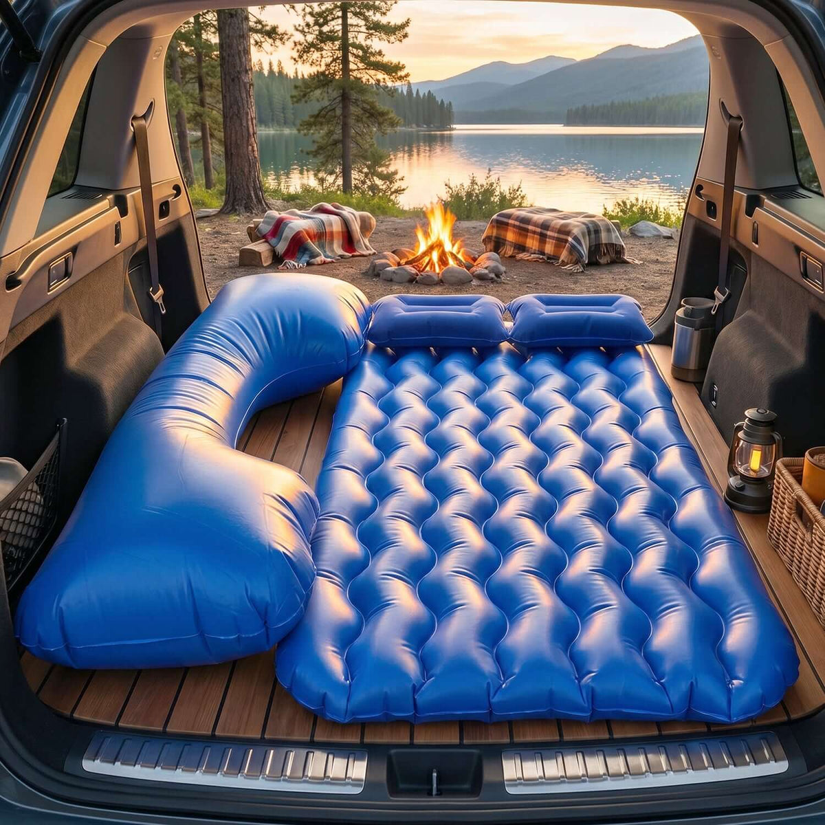 Car Air Mattress Bed Set with Inflatable Headrest set up in car trunk for comfortable outdoor camping.