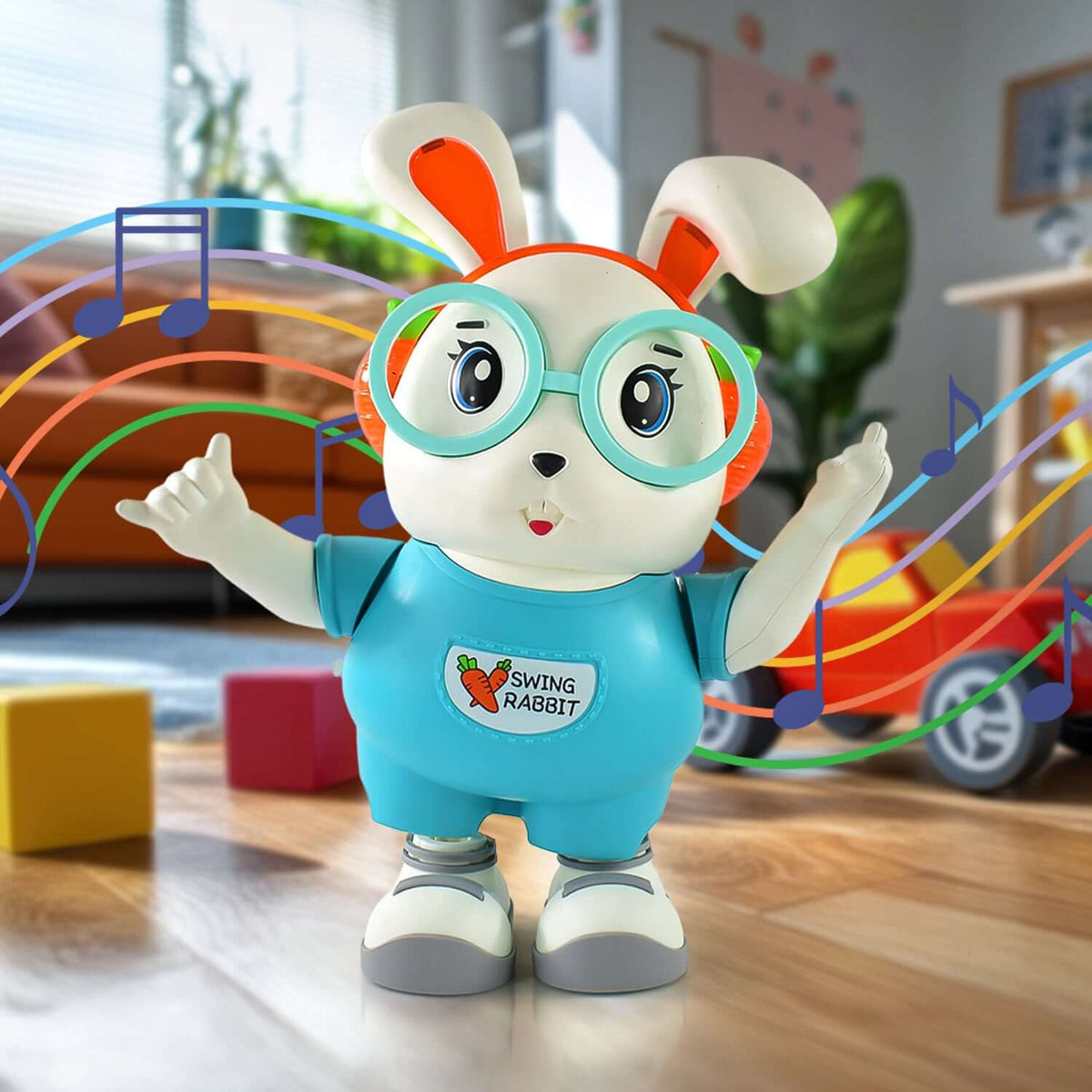 Swing Rabbit Musical Dancing Toy with Lights & Sounds, a cheerful musical dancing rabbit toy in a colorful playroom.