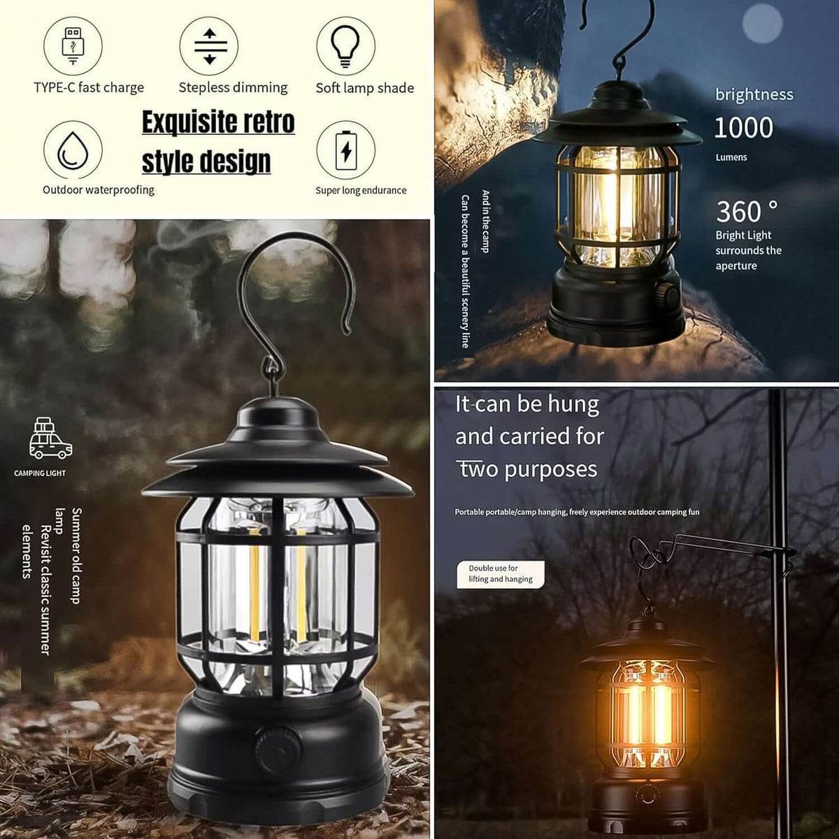 Retro LED camping lantern with Type-C rechargeable feature, smooth dimming, and 360° bright light.