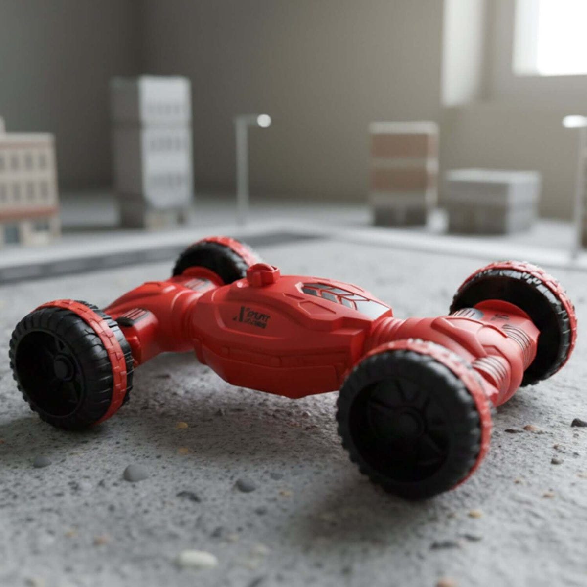 Remote Control One-Key Deformation Stunt Car showcasing bright red design on a textured surface.