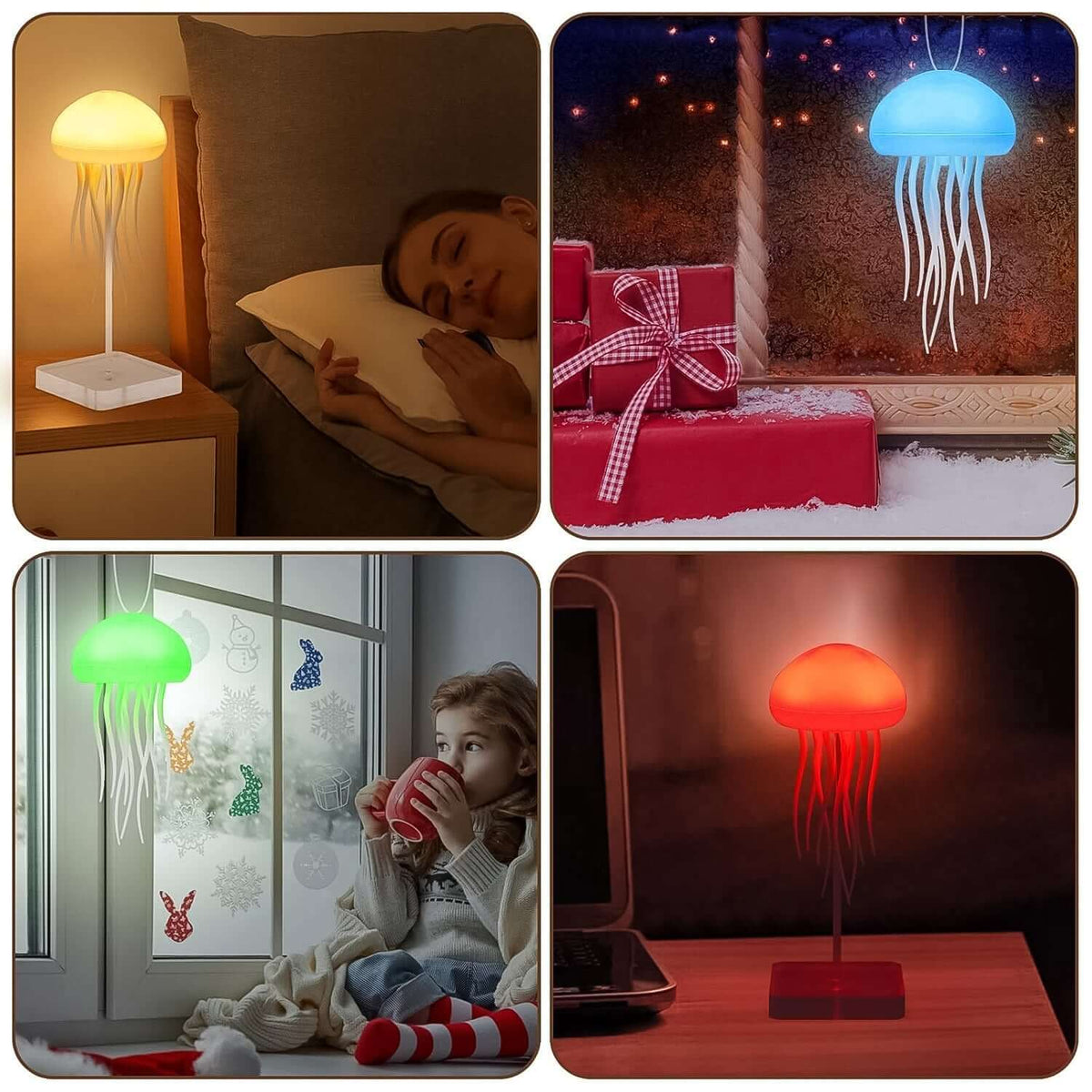 A cozy setting featuring a Jellyfish LED mood light illuminating different rooms with vibrant colors.