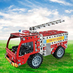 292-piece metal fire truck building blocks assembled with real nuts and bolts on green grass under blue sky.