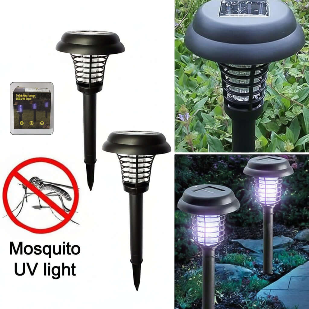Solar mosquito trap garden lights - solar-powered lamps in garden setting, functioning as UV insect traps and garden lights.