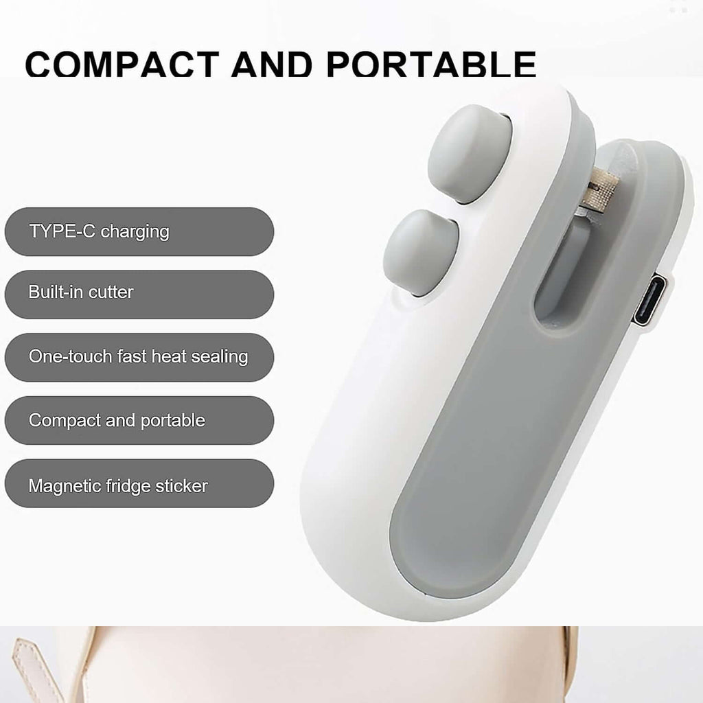 Close-up of 2-in-1 mini bag sealer and cutter with USB Type-C charging and built-in cutter features.