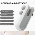 Close-up of 2-in-1 mini bag sealer and cutter with USB Type-C charging and built-in cutter features.