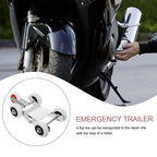 Heavy-duty motorcycle wheel stand for transporting bikes with flat tires to repair sites easily.