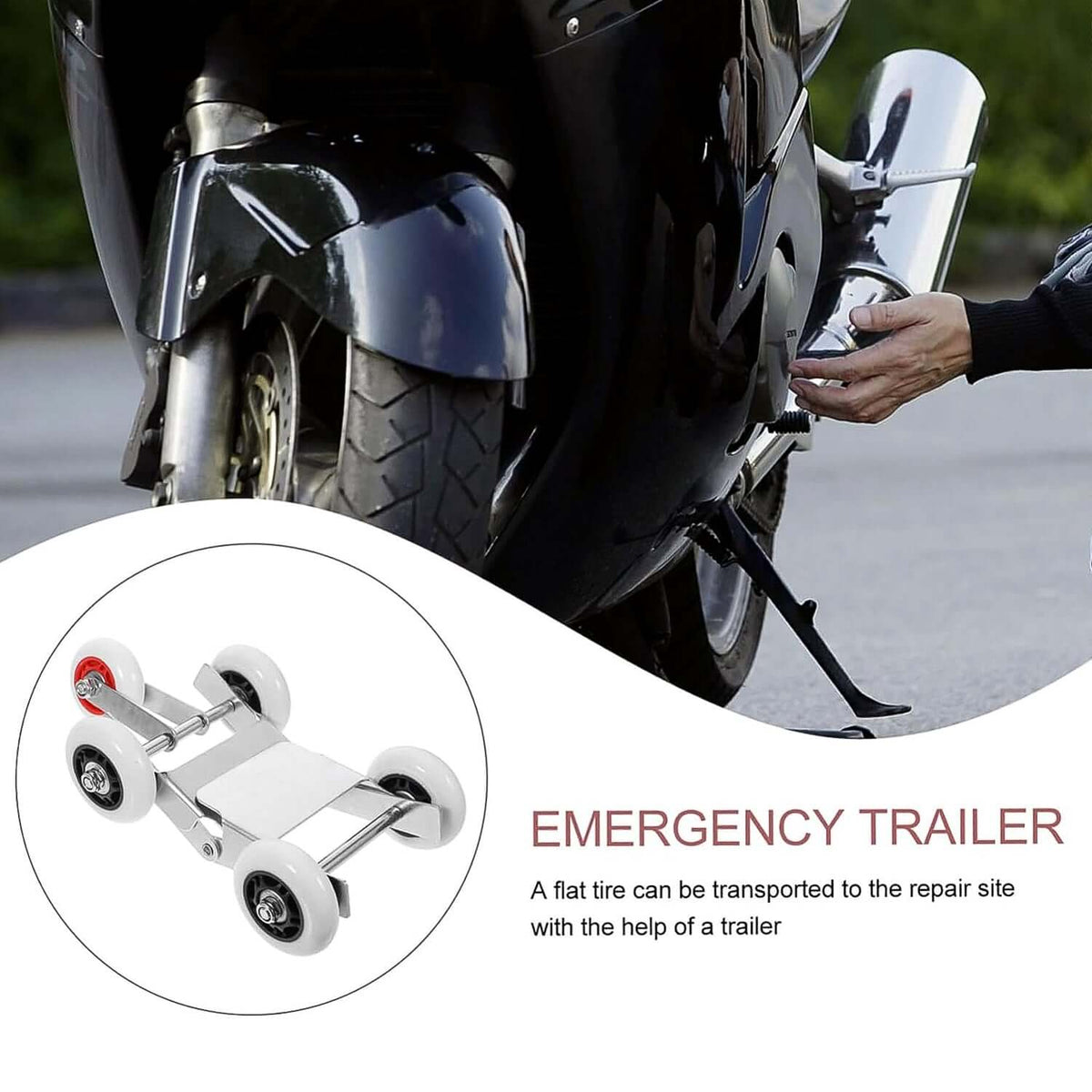Heavy-duty motorcycle wheel stand for transporting bikes with flat tires to repair sites easily.