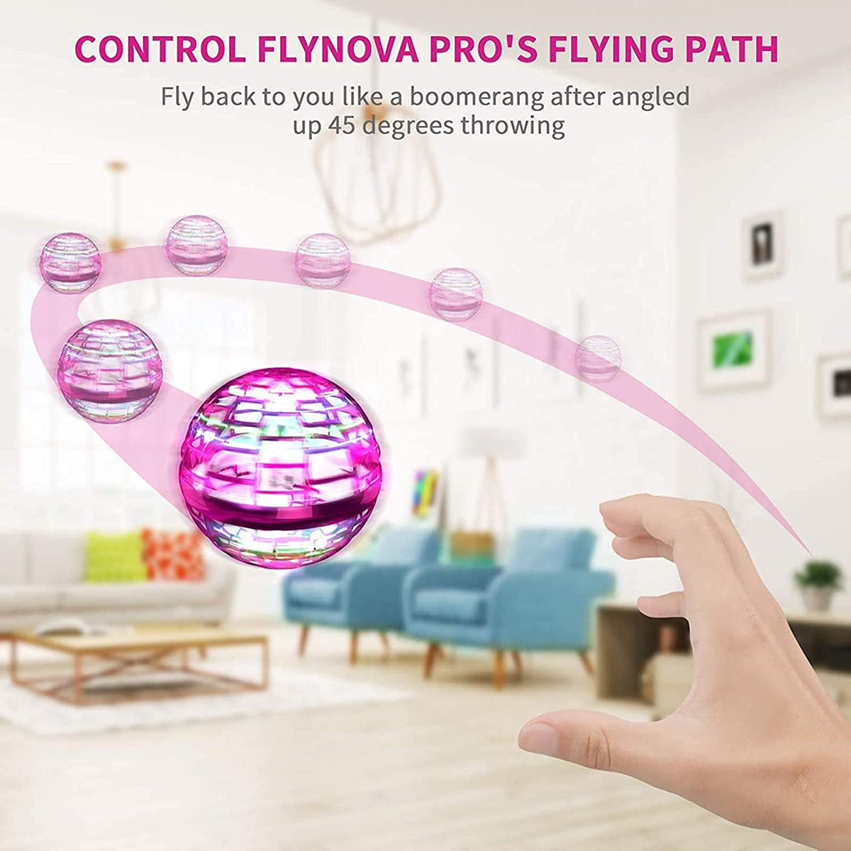 Flying orb ball toy with 360 degree rotating light-up body