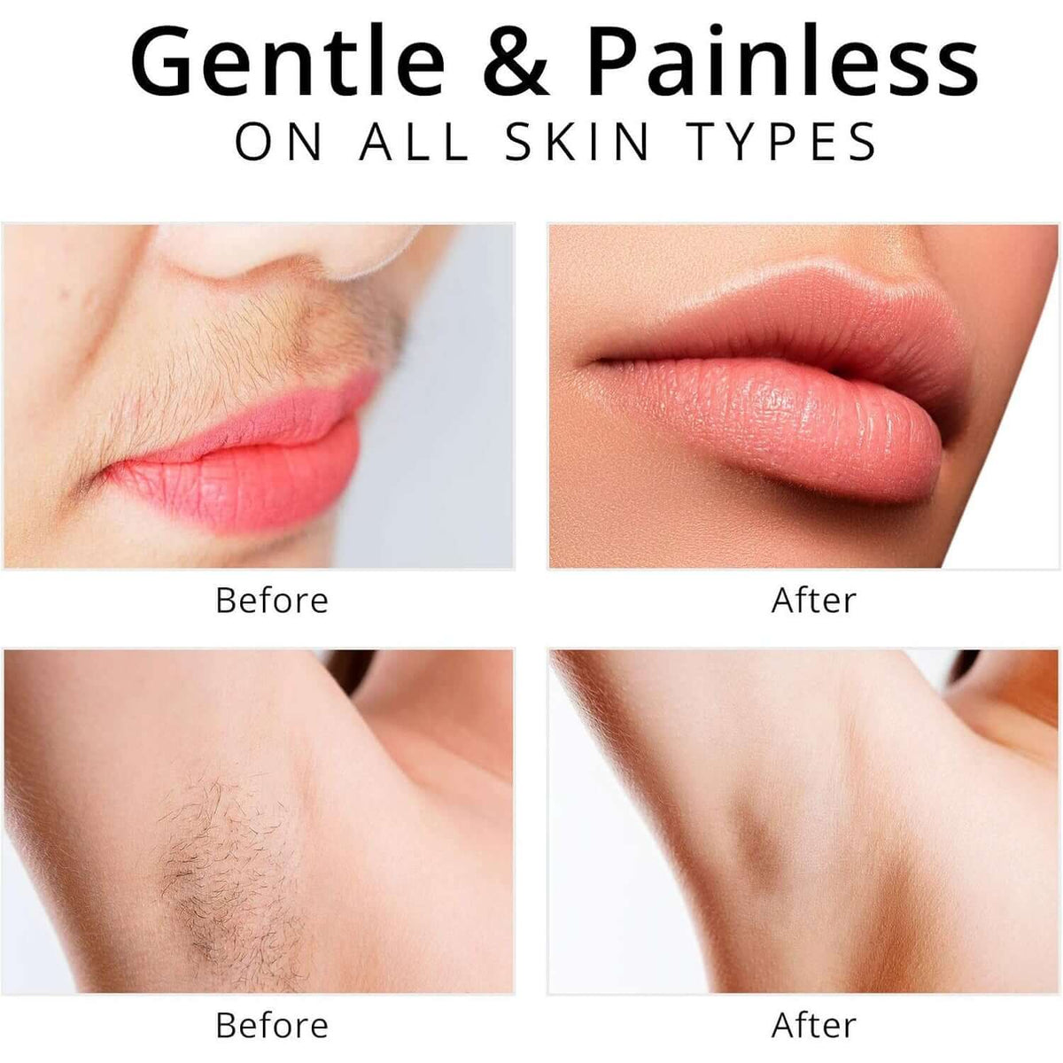 Before and after results using the 2-in-1 eyebrow razor and painless hair shaver on various skin types.