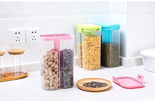 Airtight cereal storage container 2L with two sections for organizing cereals and snacks on kitchen counter.