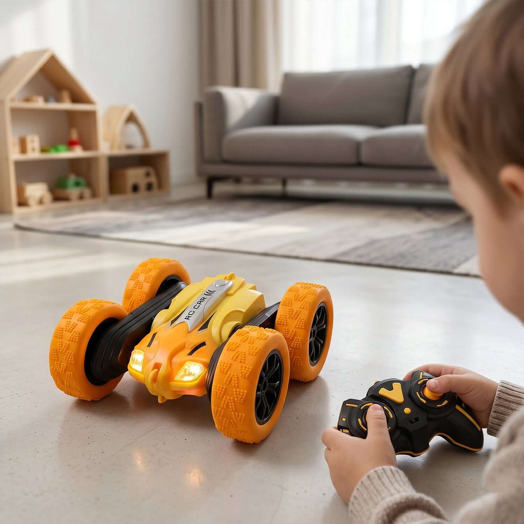 Child playing with Remote Control Double Flip Stunt Car, Rechargeable in a bright living room.