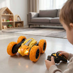 Child playing with Remote Control Double Flip Stunt Car, Rechargeable in a bright living room.