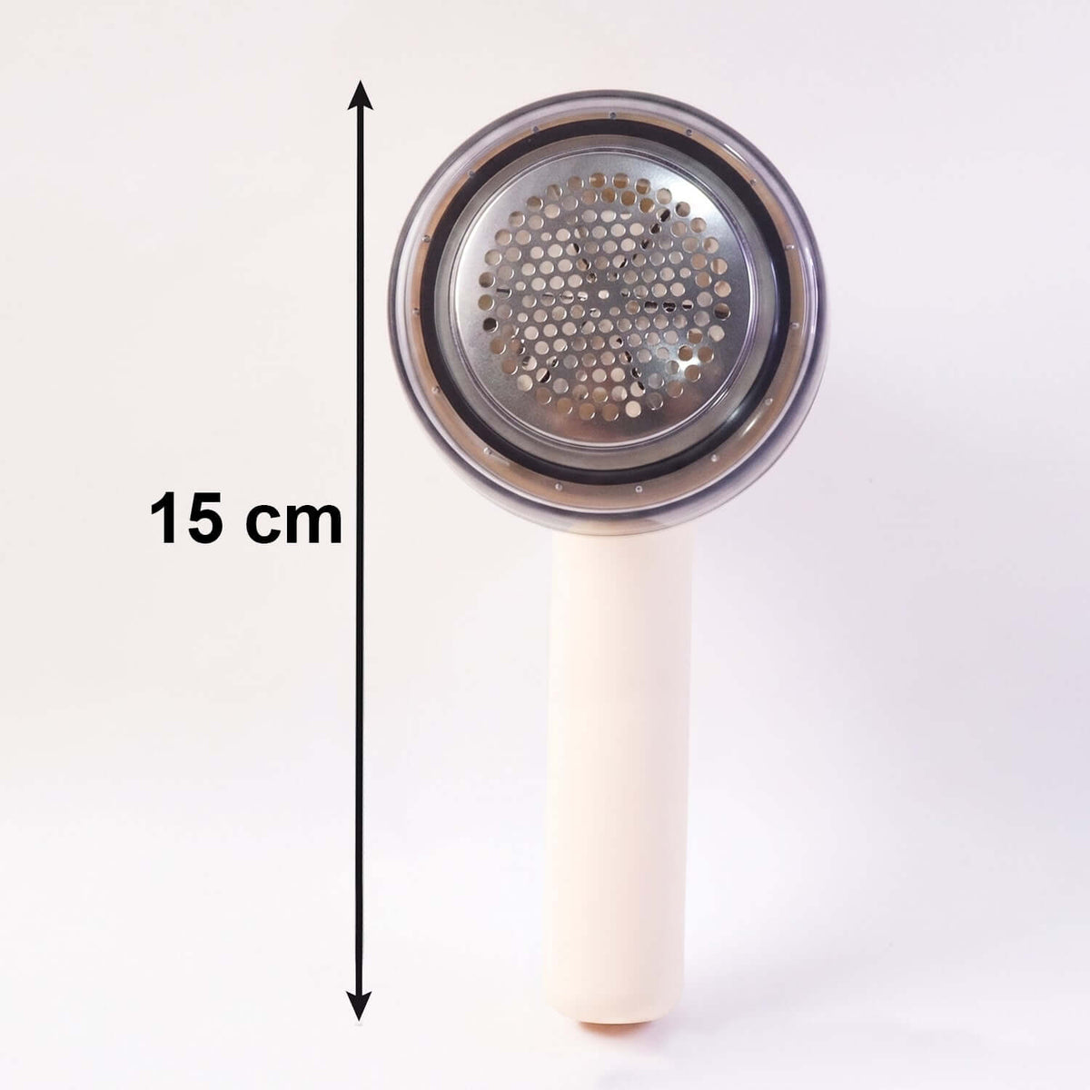 Rechargeable lint remover for clothes with a 15 cm cylindrical handle and stainless steel lint removal head.