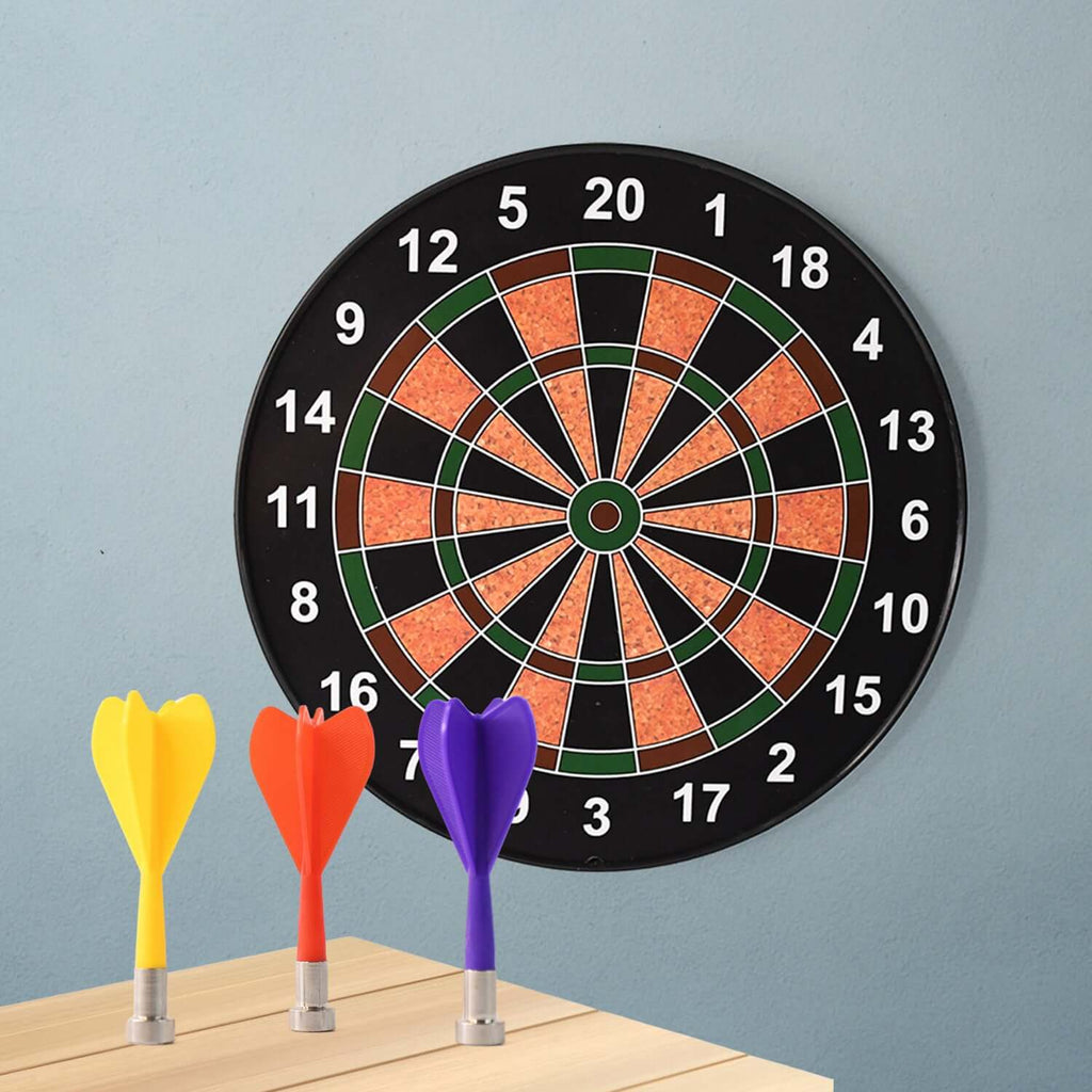 Magnetic Dartboard Game Set with 3 colorful darts including red, yellow, and purple on a wall background.