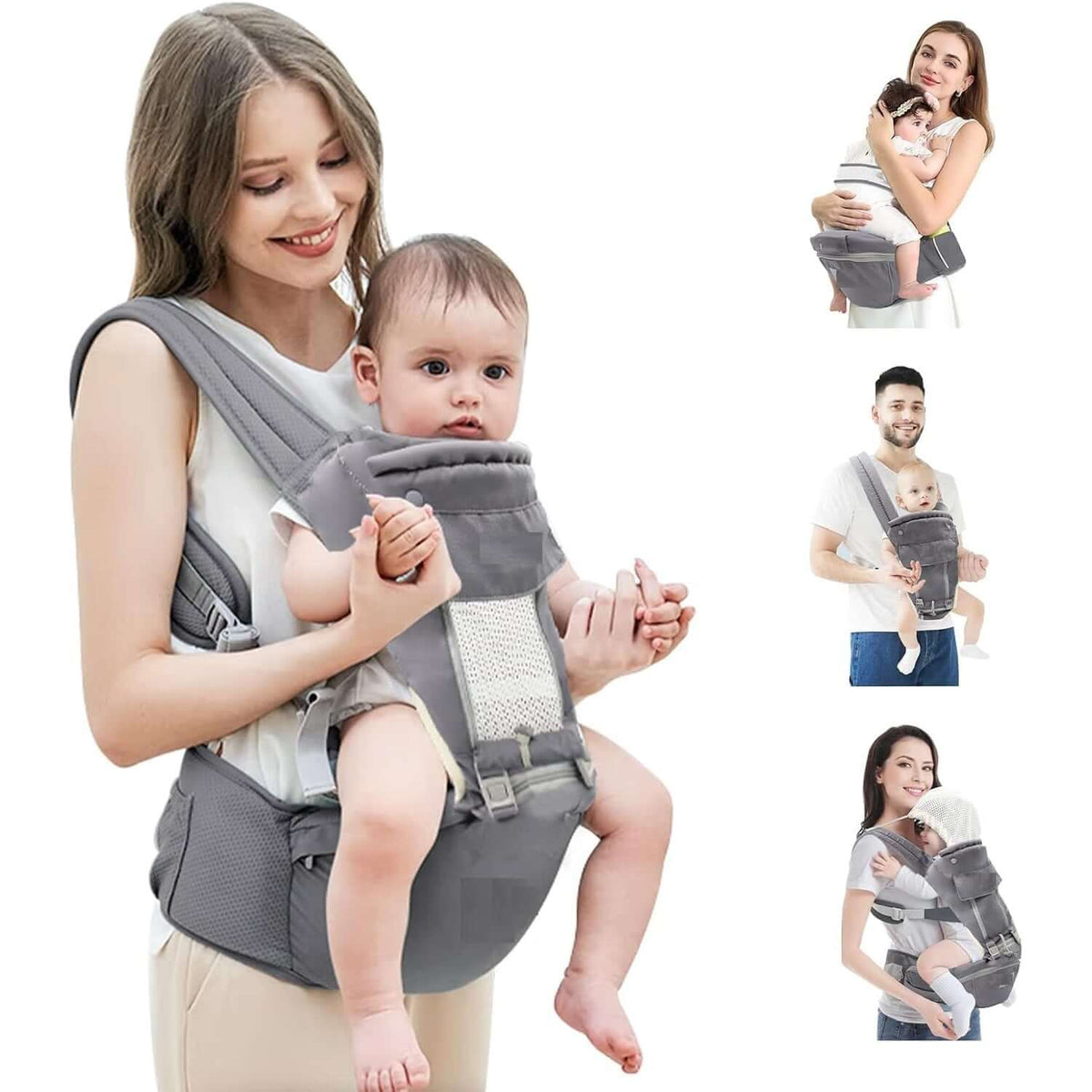 Ergonomic baby carrier with adjustable sling for comfortable carrying and support for infants to toddlers.