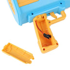 Rechargeable bubble gun for kids showing battery compartment and removable cover for easy charging.