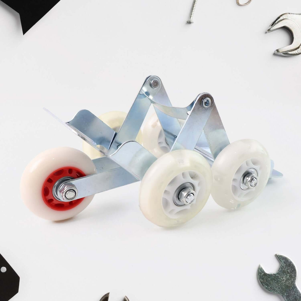 Heavy-duty motorcycle wheel stand with four smooth nylon rollers for easy bike maneuvering.