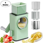 6-in-1 stainless steel vegetable chopper showcasing 6 blades for efficient chopping and slicing with fresh ingredients.