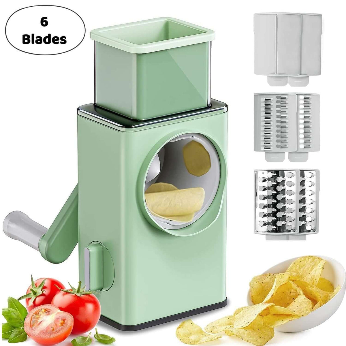 6-in-1 stainless steel vegetable chopper showcasing 6 blades for efficient chopping and slicing with fresh ingredients.