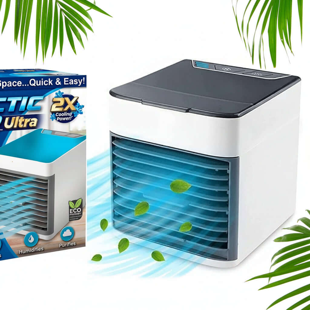 Mini portable air cooler with LED light and cooling power, ideal for personal use on a desk or bedside.