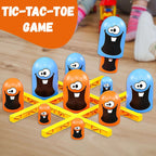 Tic Tac Toe Gobble game for kids displayed with colorful tokens on a wooden floor.