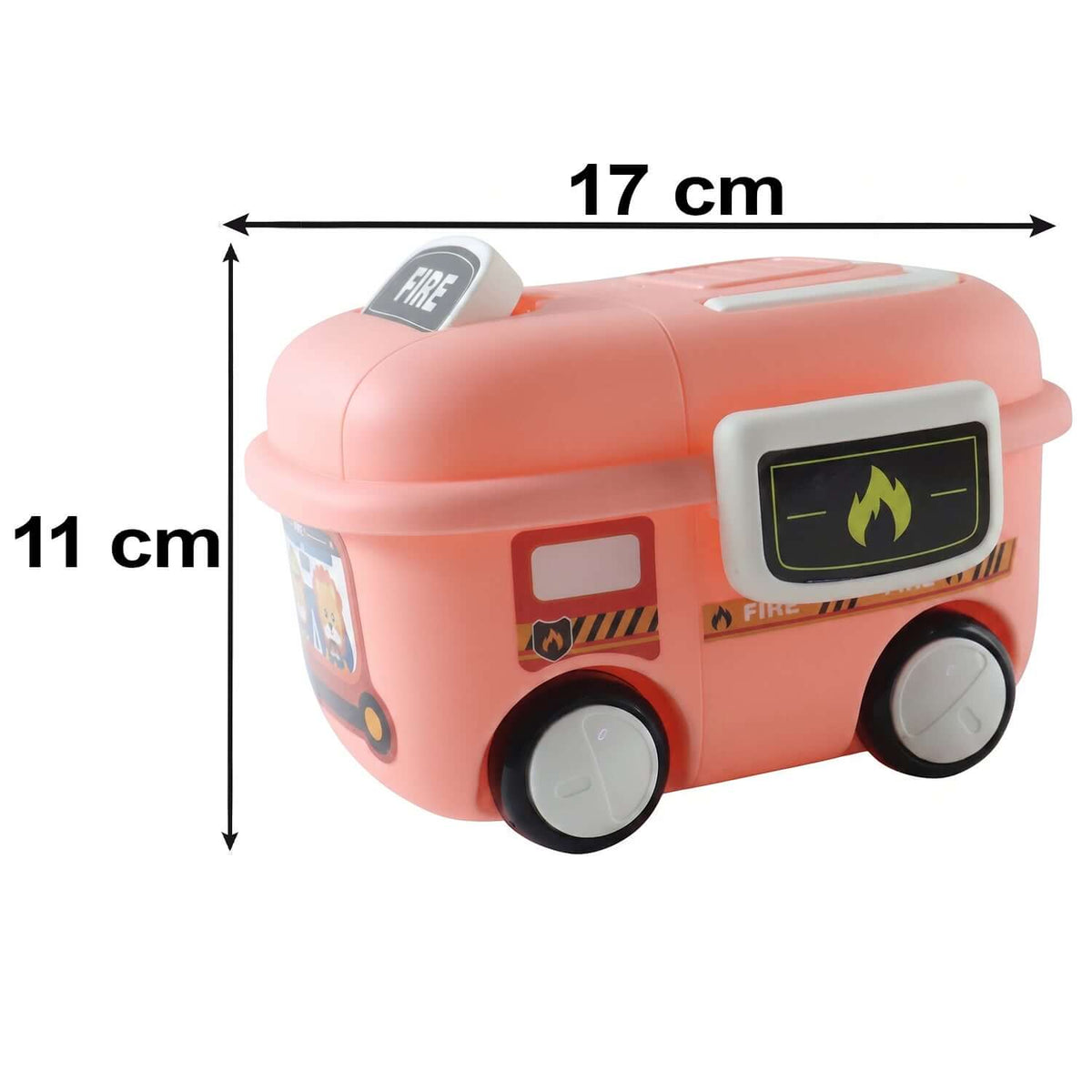 Fire Truck Toy Storage Box with Lid & Wheels (1 Pc) for kids, measuring 17 cm x 11 cm, perfect for organizing toys.