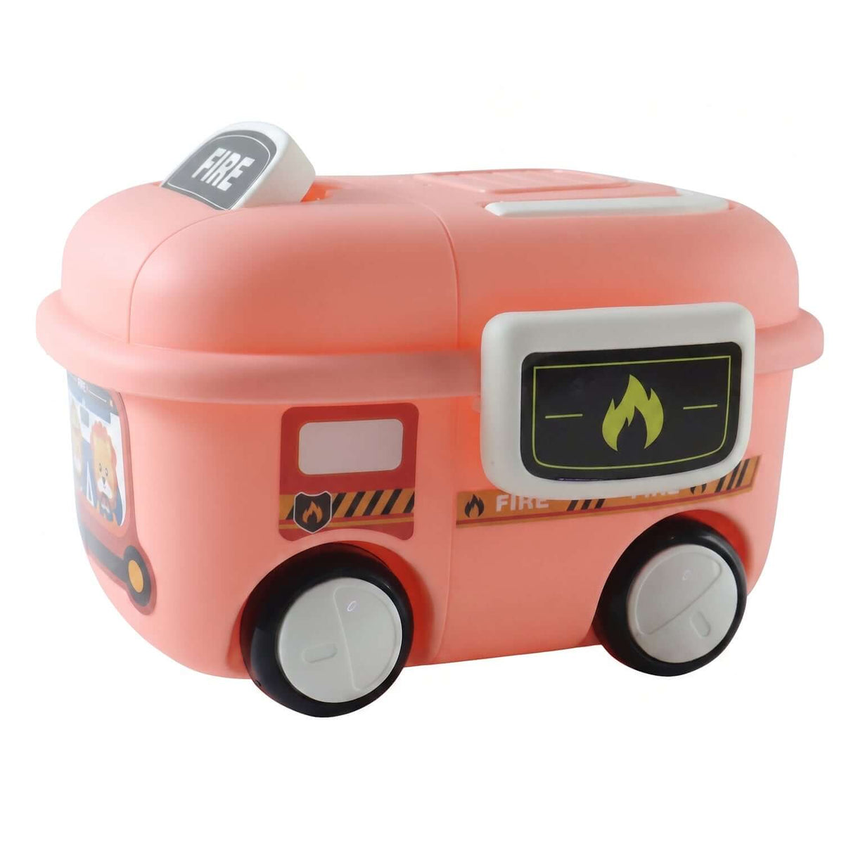 Fire truck toy storage box with lid and wheels for kids' room organization.