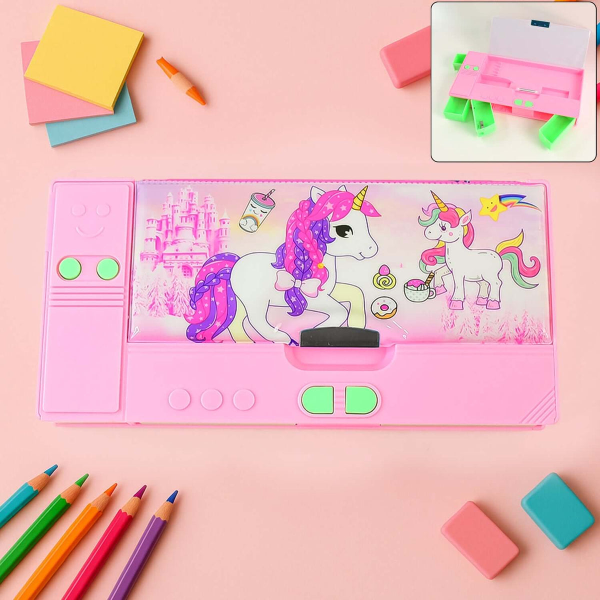 Jumbo geometry box with calculator featuring a unicorn design, perfect for school and office use.