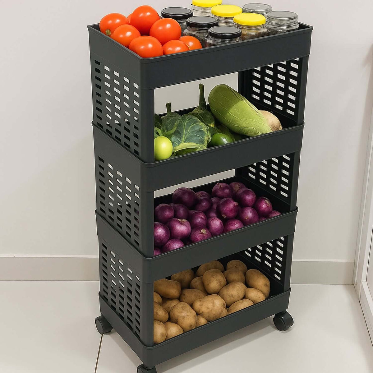 4-layer plastic storage trolley with vegetables and jars on top, showcasing its versatile storage solution.